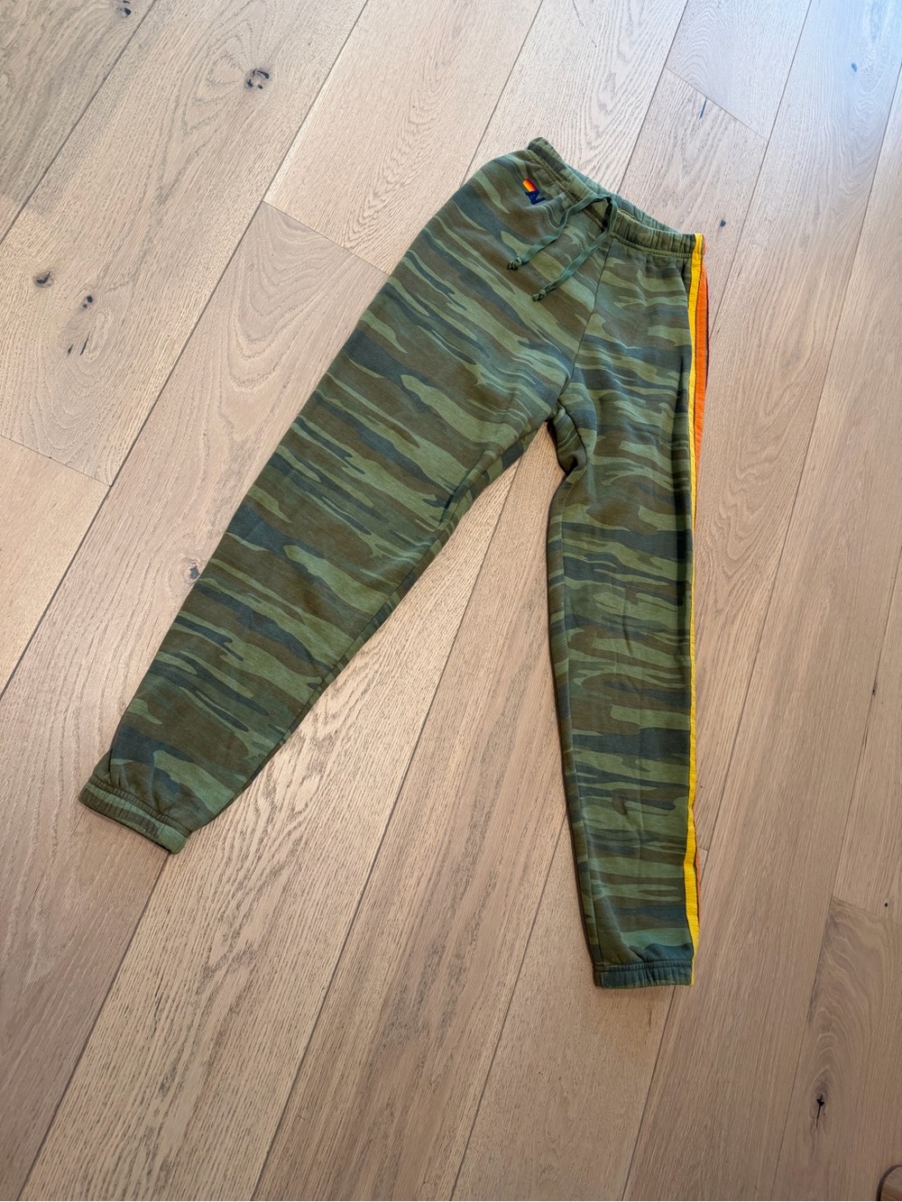 Aviator Nation Olive Camo Track Pants with Rainbow Side Stripes - Picture 7 of 7